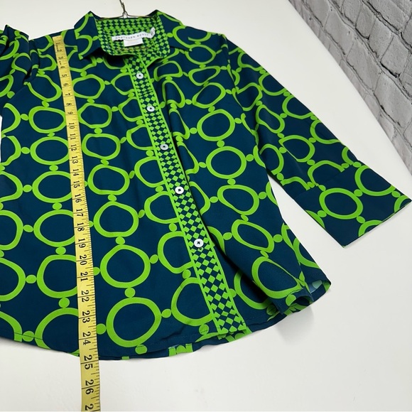 Gretchen Scott Designs Lime and Navy Patterned Blouse Sz M - Picture 5 of 10